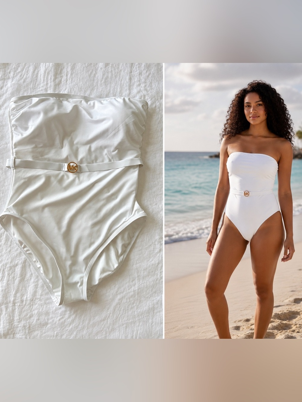 Michael Kors White Bandeau One Piece Swimsuit Size 14 Gold MK Logo Belt NWT
